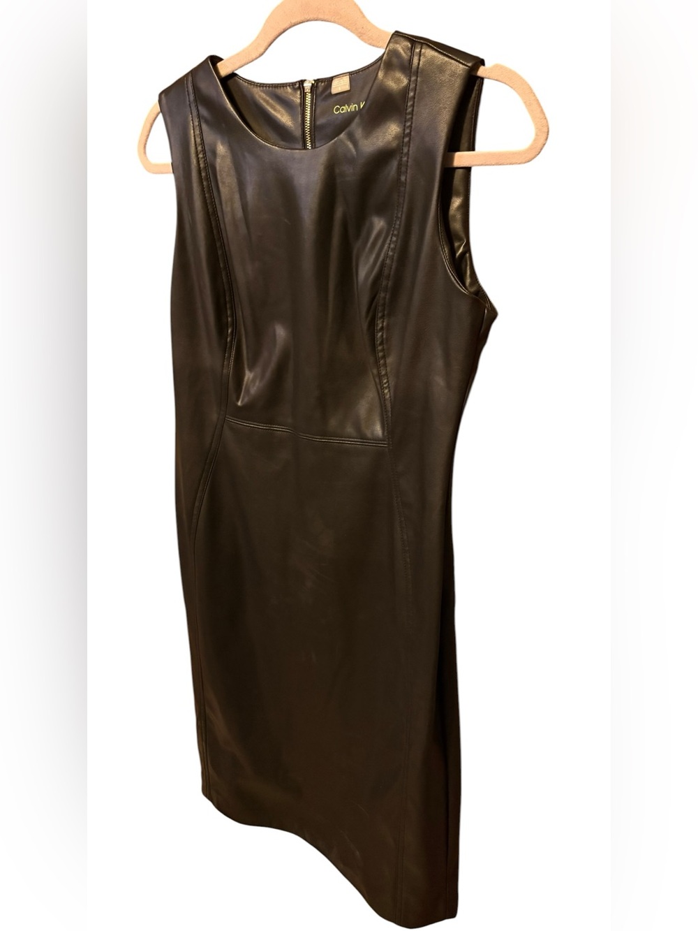 Calvin Klein Black Vegan Leather Sheath Dress Size 8 Minimalist 90s Chic Cocktai - Picture 4 of 6